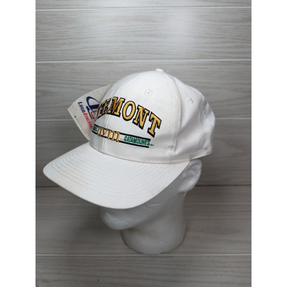 Vtg Vermont Catamounts Logo Athletic White Snapback Hat Cap - Stains